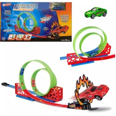 Imagem de pista SUPER LOOPING DUPLO 360 brinquedo com carrinho FRICÇÃO ALTA VELOCIDADE DE MONTAR 14 pçs ESTACIONAMENTO rampas garagem 118CM DE PISTA