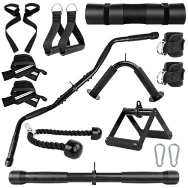 Imagem de FAYITING Conjunto de acessórios de máquina de cabo, barra suspensa LAT, acessórios de academia para mulheres e homens com barra em V, corda de tríceps, tiras de tornozelo, equipamentos de ginástica em