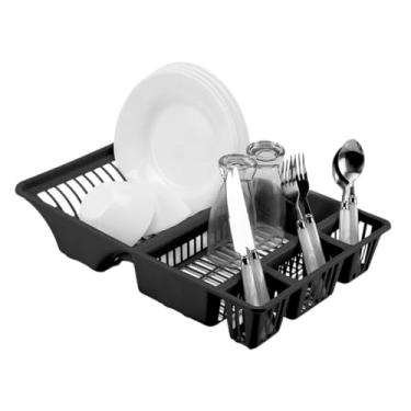 Imagem de Escorredor de Louças 12 Pratos Cozinha Plástico Preto Escorredor Louça Copos Talheres