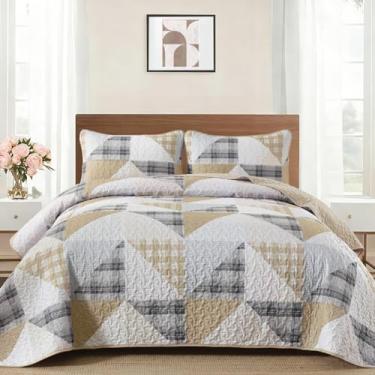 Imagem de Annibedding Conjunto de colcha de retalhos, tamanho king, colcha geométrica marrom com 2 fronhas, conjunto de colcha de retalhos xadrez macio e leve para todas as estações (king, 285 x 224 cm)