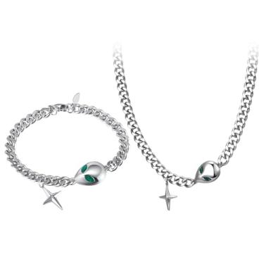 Imagem de OIDEA Conjunto de joias de colar alienígena do espaço: pulseira de corrente de elos pendentes de aço inoxidável punk rock presentes para homens mulheres prata
