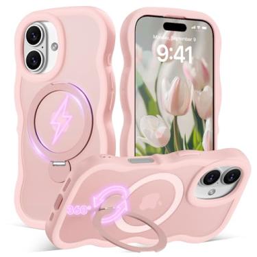 Imagem de Amzfield Capa para iPhone 16 Plus com suporte magnético giratório de 360° [compatível com MagSafe] linda moldura ondulada translúcida fosca rígida traseira de silicone à prova de choque com suporte de