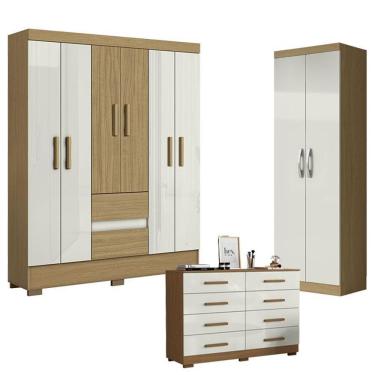 Imagem de Guarda Roupa Casal Coimbra 6 Portas 2 Gavetas MDP Atacama Off White com Armário e Cômoda Aramóveis