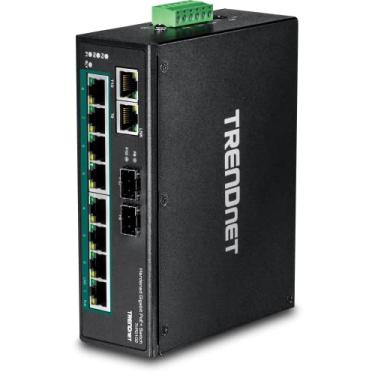 Imagem de Interruptor industrial Gigabit PoE+ DIN-Rail da Trendnet de 10 portas, TI-PG102, 8 portas Gigabit PoE+, suporte de trilho DIN, 2 compartimentos SFP, 240 W PoE Power Budget, Interruptor de rede, IP30, VLAN, QoS, Proteção vitalícia