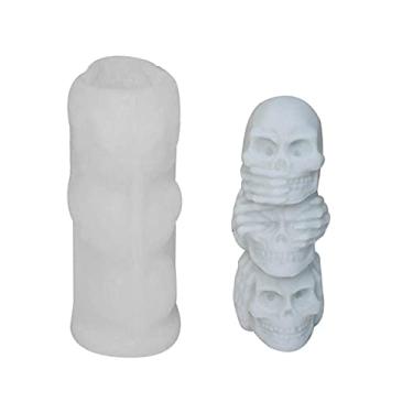 Imagem de vela empilhada silicone crânio 3D para decoração Halloween, Kit fabricação moldes vela anão DIY reutilizável 3D, artesanato DIY para fabricação sabão, decoração requintada ornamento caseiro