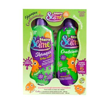 Imagem de Kit Shampoo + Condicionador Infantil Beauty Slime Verde Neon com 200ml cada + 15 Cartelas com Tattoos 2 Unidades