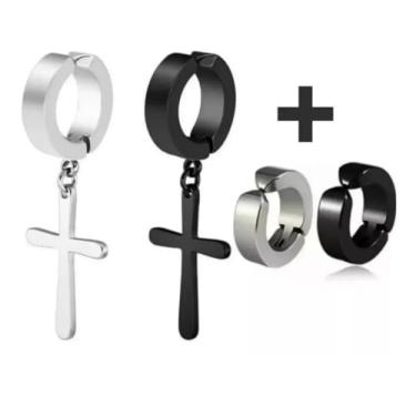 Imagem de Conjunto Brinco Aço Inox Masculino Argola Cruz Pressão Kit 2pares Top Estilo Europeu