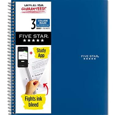 Imagem de Five Star Caderno espiral + aplicativo de estudo, 3 assuntos, papel pautado para faculdade, combate o sangramento de tinta, capa resistente à água, 21,8 cm x 28 cm, 150 folhas, azul (73623)