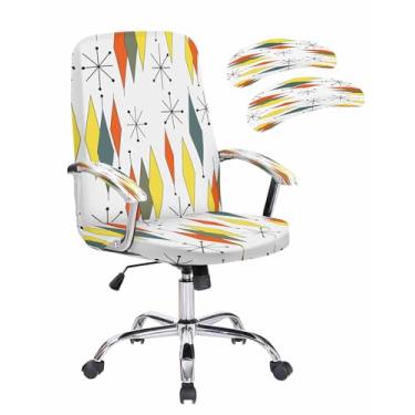 Imagem de Capa para cadeira de escritório, estilo meados do século, geométrico, diamante, amarelo, verde, laranja, branco, elástico, capa para cadeira de computador, capa elástica removível, capa para cadeira