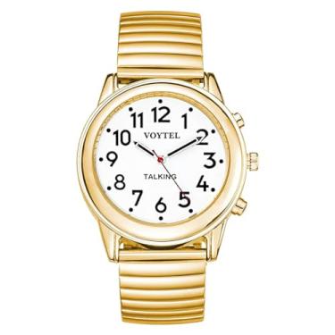 Imagem de MAUJOY Relógio Talking Feminino Ultra Fino Voz Claro e Fala a Hora da Hora ou da Hora do Alarme para Idosos, Deficientes de Visão ou Cegos. Mostrador Branco - Números Pretos - Banda de Expansão, Dourado, Women TK8831
