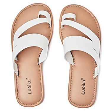 Imagem de Luoika Sandálias planas femininas de largura larga, sandália de chinelos casual com tiras, sapatos de praia de verão para mulheres., Branco 703, 7 X-Wide