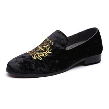 Imagem de FLQL Sapato masculino luxuoso veludo penny loafers bordado camurça vestido loafers diário sapatos para festa casamento formatura tamanho 7-13, Preto, 11.5