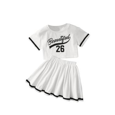 Imagem de SOLY HUX Conjunto de 2 peças para meninas pequenas, camiseta de manga curta e saia plissada, Letra branca, 5 Anos