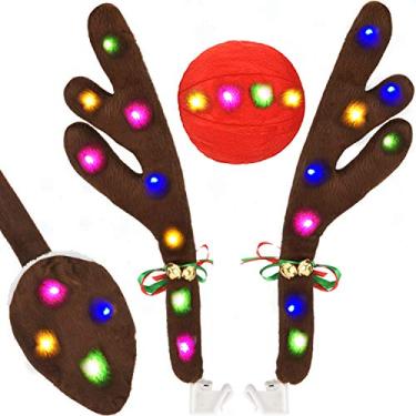 Imagem de EALEBE Kooboe – Chifres de rena para carro e decoração de nariz, chifres de Natal para carro com luzes de LED, nariz e cauda para caminhão, decore qualquer veículo, conjunto de presente de Natal