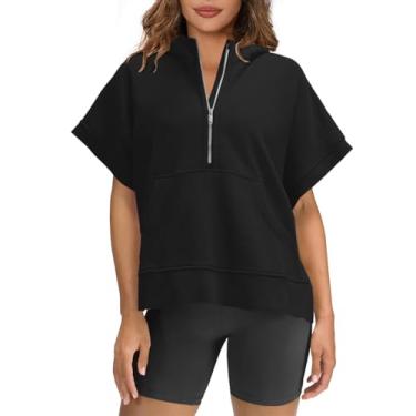 Imagem de Camisetas femininas grandes com capuz sólido meio zíper manga curta moletom casual verão pulôver tops com bolsos, Preto, GG