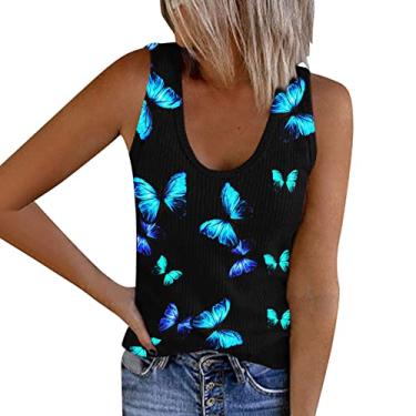 Imagem de Camiseta regata feminina de malha canelada para o verão, ajuste solto, gola V, sem mangas, estampa floral, Azul, M