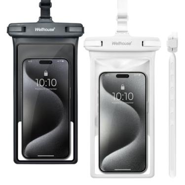 Imagem de wellhouse Bolsa de telefone à prova d'água, capa impermeável para iPhone 15 14 13 12 Pro Max XS Samsung, IPX8 3D bolsa seca para celular essenciais de praia preto + branco, pacote com 2 20.3 cm