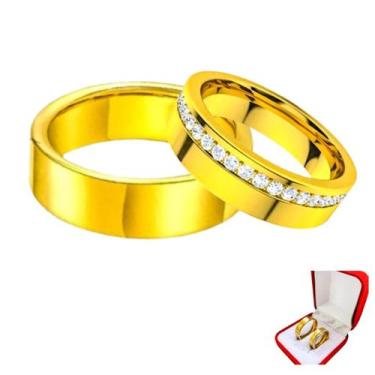 Imagem de Par Alianças Noivado 6mm Banhada Ouro 18k Com Pedras Zircônia Branca R