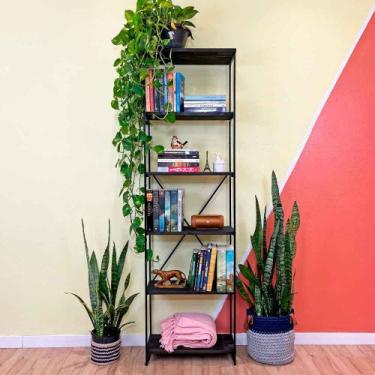 Imagem de Estante Torre Industrial de Ferro e Madeira Slim 6 Prateleiras Tabaco 