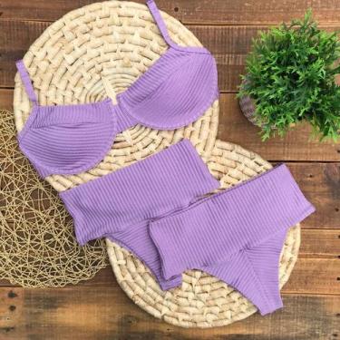 Imagem de Biquíni Hot Pants Faixa Meia Taça Retrô Canelado Mônaco Lilás - Califó