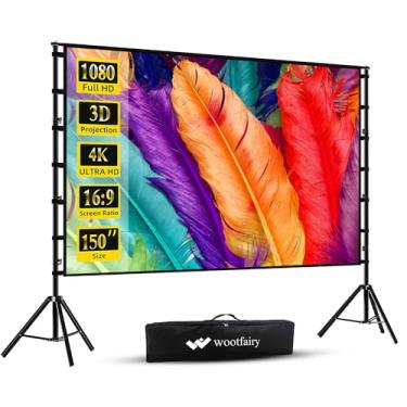 Imagem de wootfairy Tela do Projetor com Suporte, Tela de Projeção Portátil e Dobrável de 150" 4K Hd 16:9 Tela de Filme Frontal Traseira Sem Rugas com Bolsa de Transporte para Cinema Em Casa Interno e Externo,