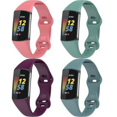 Imagem de QHBAMD Pacote com 4 pulseiras de relógio compatíveis com Fitbit Charge 5/Charge 6, pulseira esportiva de silicone macio e fino à prova d'água para Fitbit Charge 5/6 Fitness Tracker (vermelho oficial +