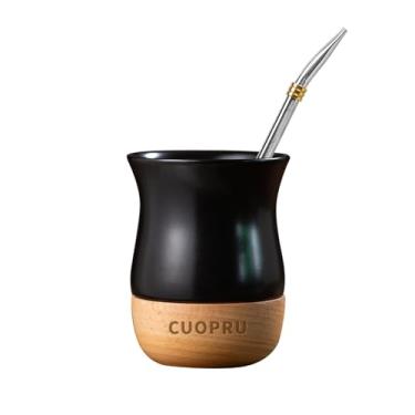 Imagem de Copo de erva mate de cerâmica de 227 g com base de madeira original, inclui cabaça mate, canudo Bombilla e escova de limpeza - perfeita para erva mate tradicional e caneca de bebida de estilo moderno