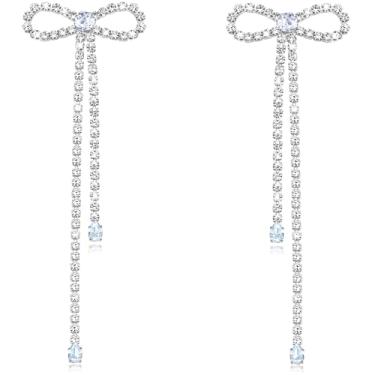 Imagem de Nanafast Brincos de laço de strass, brincos longos pendurados com pingente de borla para mulheres, meninas, casamentos, noivas, festas, bailes, presentes para aniversário, dia das mães, Natal, Zinco,