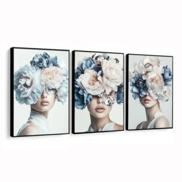 Imagem de Quadro Decorativo Mulher Flores delicado moderno quarto com Moldura (Moldura Preta, 60x80, Com Vidro)