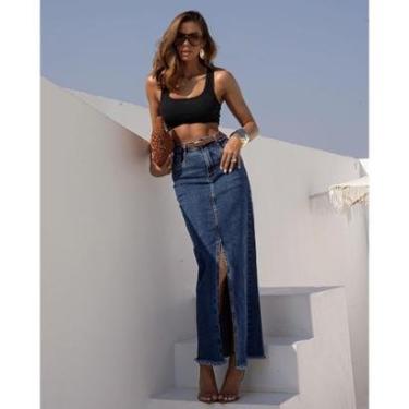 Imagem de SAIA JEANS LONGA FEMININA CINTURA ALTA ABERTURA FRONTAL 23534-Feminino