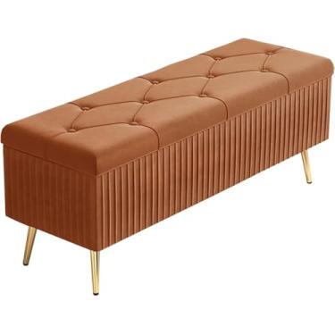 Imagem de Banqueta retangular de veludo dobrável para armazenamento contra incêndios, armazenamento de grande capacidade, adornado com botões e pernas antiderrapantes, 60 x 40 x 45 cm, marrom