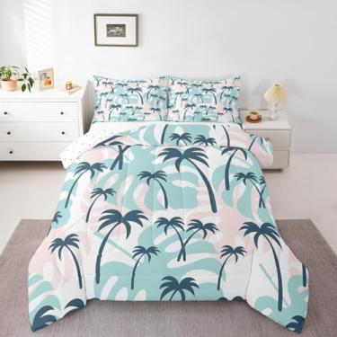 Imagem de Feelyou Conjunto de cama solteiro com coqueiro, palmeira de coco para crianças, adultos, meninos, meninas, azul e verde, conjunto de edredom com planta botânica, 2 peças