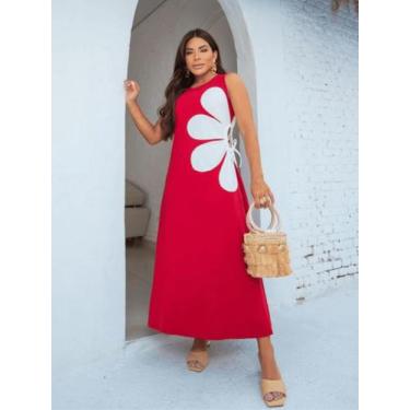 Imagem de Vestido midi elegante feminino flor ajustável longo algodao moda casua