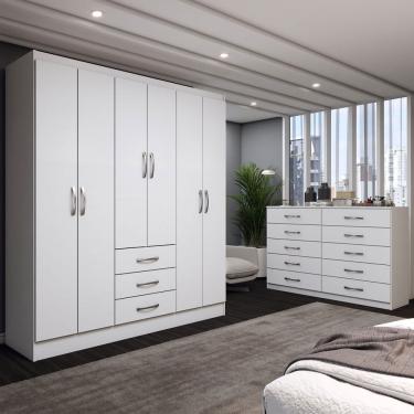 Imagem de Guarda-Roupa Casal Lydia 6 Portas 3 Gavetas com Cômoda 10 Gavetas Branco -