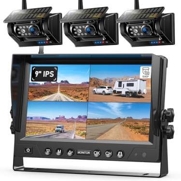 Imagem de ZEROXCLUB Sistema de câmera reserva solar magnética sem fio, câmeras de backup Quad RV, sistema sem fio com HD1080P monitor DVR de 9 polegadas para caminhões de trailer RV, bateria solar embutida de