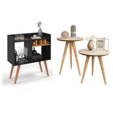 Imagem de Aparador Buffet Bar com Adega Rubi + Conjunto de Mesas Apoio e Lateral Classic (Preto Nature)