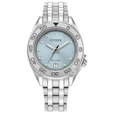 Imagem de Citizen Relógio Carson de luxo esportivo Eco-Drive feminino, mostrador azul claro com 11 detalhes de diamante, 3 ponteiros, data (modelo: FE6161-54L), Prateado, 5 Inches, Moderno