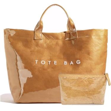 Imagem de RUNSOON Sacola moderna de PVC para mulheres, sacola de papel kraft com estampa de letras grande bolsa de trabalho com alça superior, Marrom, Large