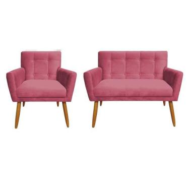 Imagem de Kit Namoradeira + 1 Poltrona Decorativa Onix Suede Rosa Pés Madeira Ms
