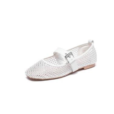 Imagem de Lryweisy Sapatilhas femininas de glitter Mary Jane com strass confortáveis e elegantes, Branco 10, 38