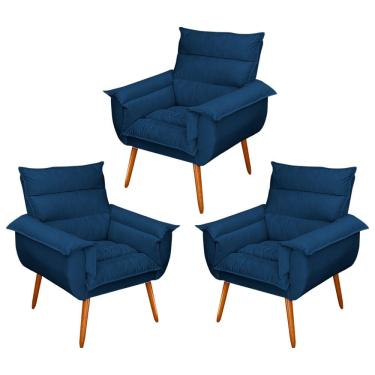Imagem de Kit 03 Poltronas Decorativas Modernas Sala e Recepção Monza Pés Palito Veludo Azul - Abmaza