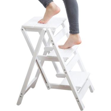 Imagem de Escalada escada escada 3 pista de degrau talhas dobráveis ​​cadeira de cadeira casa cozinha home cozinha dupla use interno escada de madeira espessando pedal largo para adultos (cor: branco)