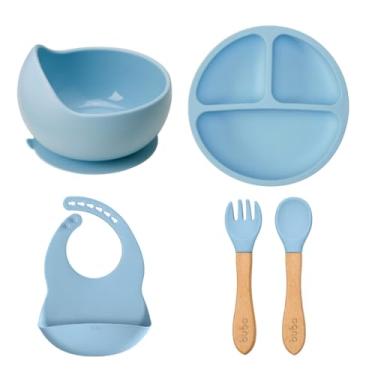 Imagem de Kit Alimentação em Silicone 4pçs Babador Pratinho Talher de Bambu Bowl Bebe Introdução - Azul