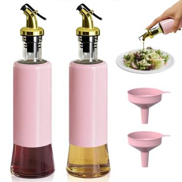 Imagem de Miao'er Conjunto de 2 garrafas dispensadoras de azeite de oliva para cozinha, bico dourado antigotejamento e à prova de vazamento, com uma mão, com funil rosa para fácil enchimento, 300 ml (rosa)