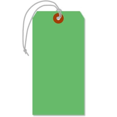 Imagem de SmartSign Etiquetas de cor verde escuro de 16 x 7,9 cm com cordas elásticas pré-anexadas, tamanho - 8, cartolina grossa de 13 pontos, patch de fibra reforçada, em branco e gravável, pacote com 100