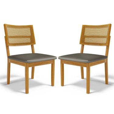 Imagem de Kit Com 2 Cadeiras Aline Madeira Maciça Assentos Estofados Encostos De Tela Palha Sextavada
