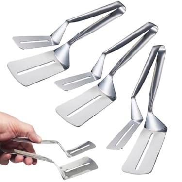 Imagem de Kit com 3 Espátula Dupla Pinça em Inox Pegador De Frituras Peixes Carnes Pães E Pizza Multifuncional