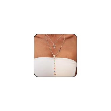 Imagem de GIGB PBDK Conjunto de colar feminino com cruz de strass em camadas, dourado, moderno, com pingente de crucifixo ajustável, colar em Y, colar em Y, acessório de joias Faith, Large, Metal, Sem Pedra