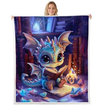 Imagem de Cobertor infantil de dragão de desenho animado, leitura de livros à luz da lua, cobertor difuso, mantas fofas de lã de animais selvagens do oeste para cama, sofá, azul, macio e respirável, tamanho da