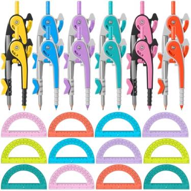 Imagem de Chengu Conjunto de 12 conjuntos de bússola e transferidor, ferramenta de geometria de bússola multicolorida, transferidores translúcidos de 15 cm e 180 graus para geometria, ferramentas de desenho